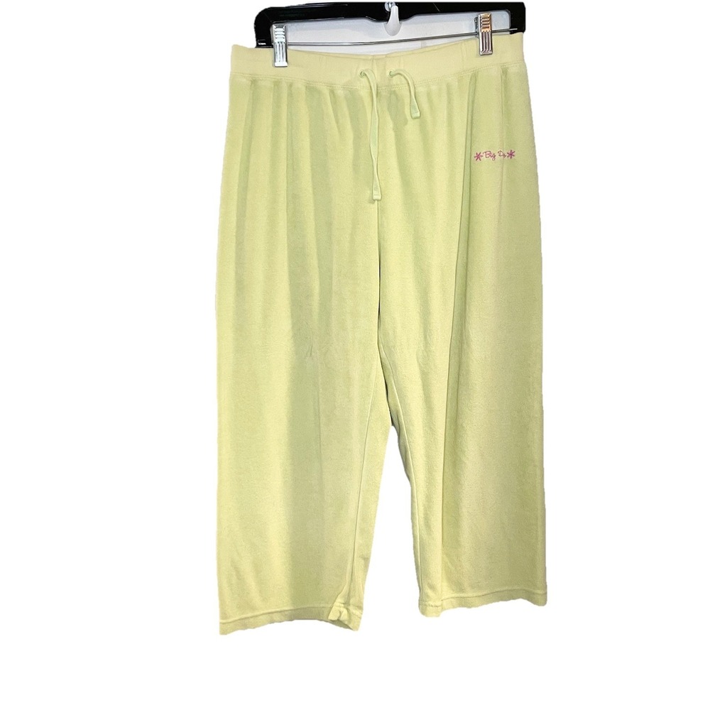 Vtg Y2K Big Dogs Yellow Terry Crop Wide Leg Sweatpants Lounge Logo Flower S